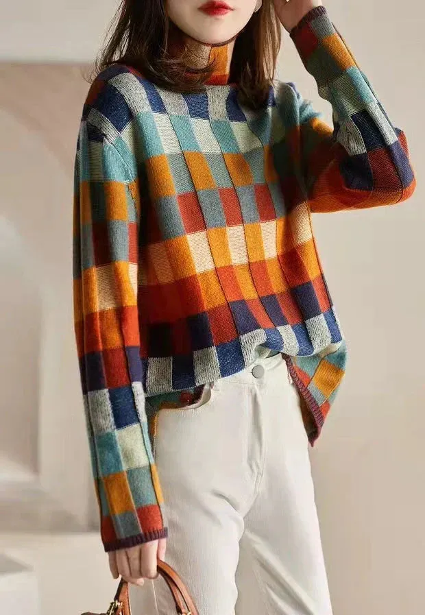 Colorful Checked Women's Sweater with High Collar