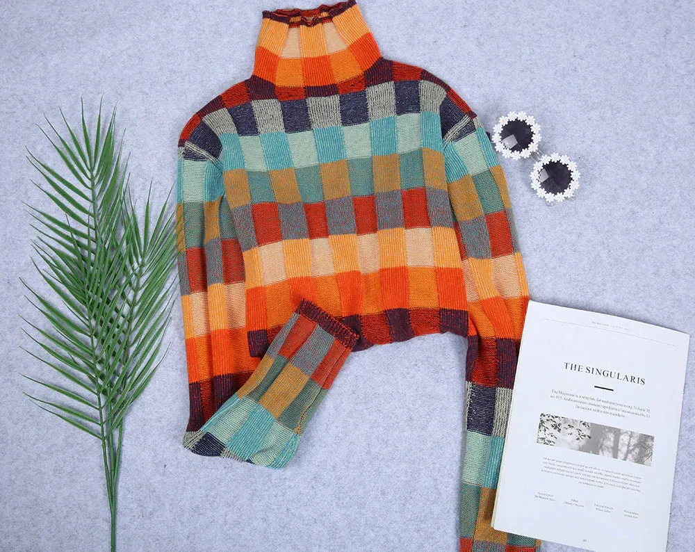 Colorful Checked Women's Sweater with High Collar