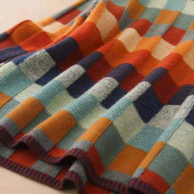 Colorful Checked Women's Sweater with High Collar