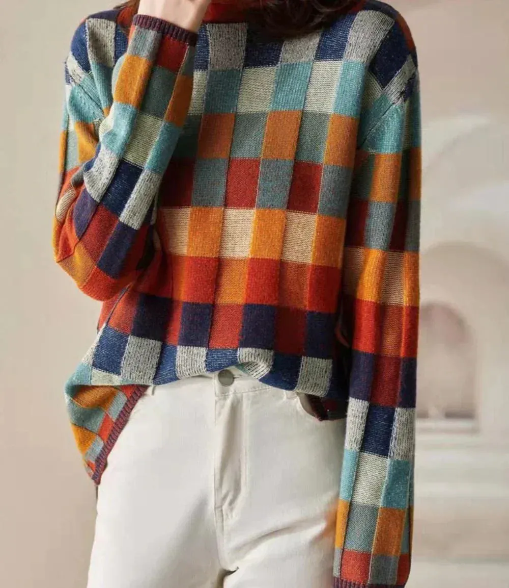 Colorful Checked Women's Sweater with High Collar