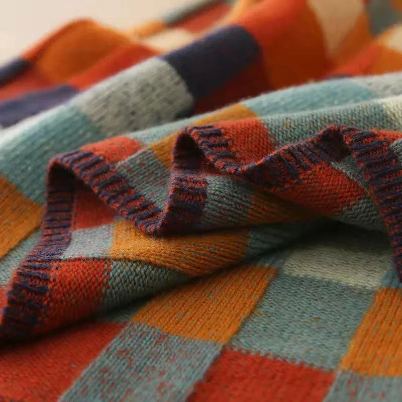 Colorful Checked Women's Sweater with High Collar