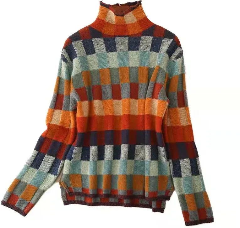 Colorful Checked Women's Sweater with High Collar