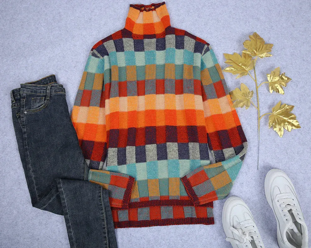 Colorful Checked Women's Sweater with High Collar