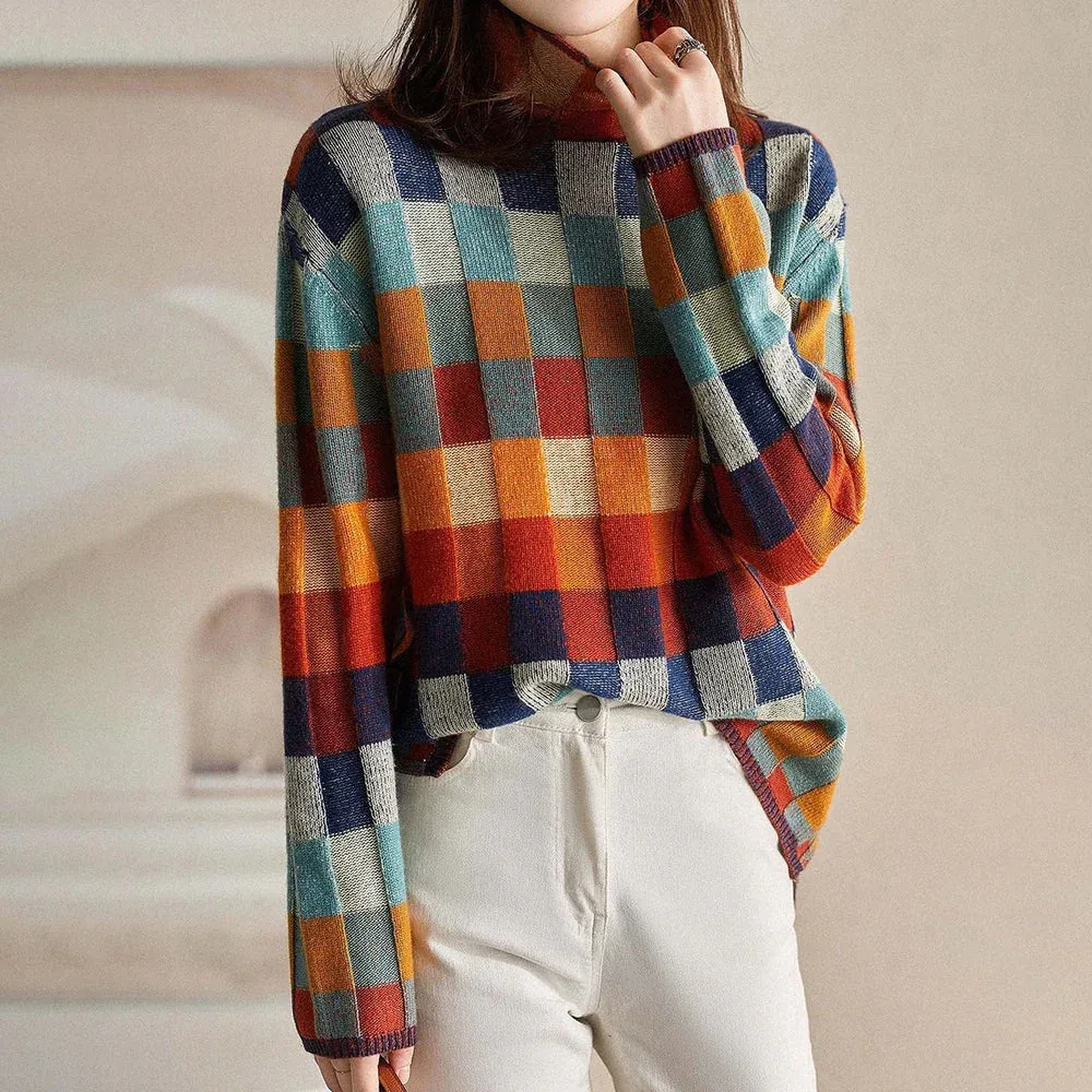 Colorful Checked Women's Sweater with High Collar