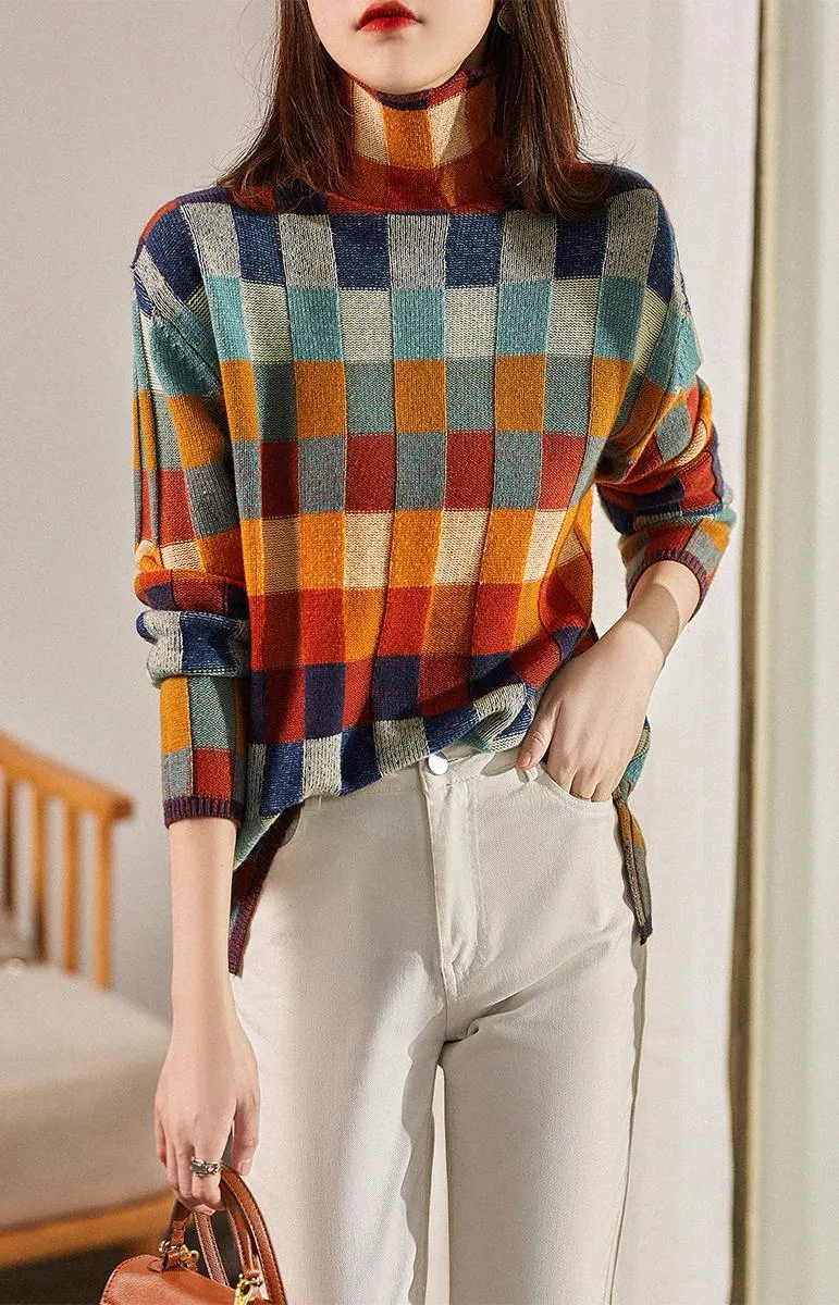 Colorful Checked Women's Sweater with High Collar