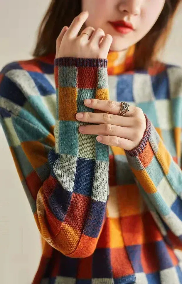 Colorful Checked Women's Sweater with High Collar