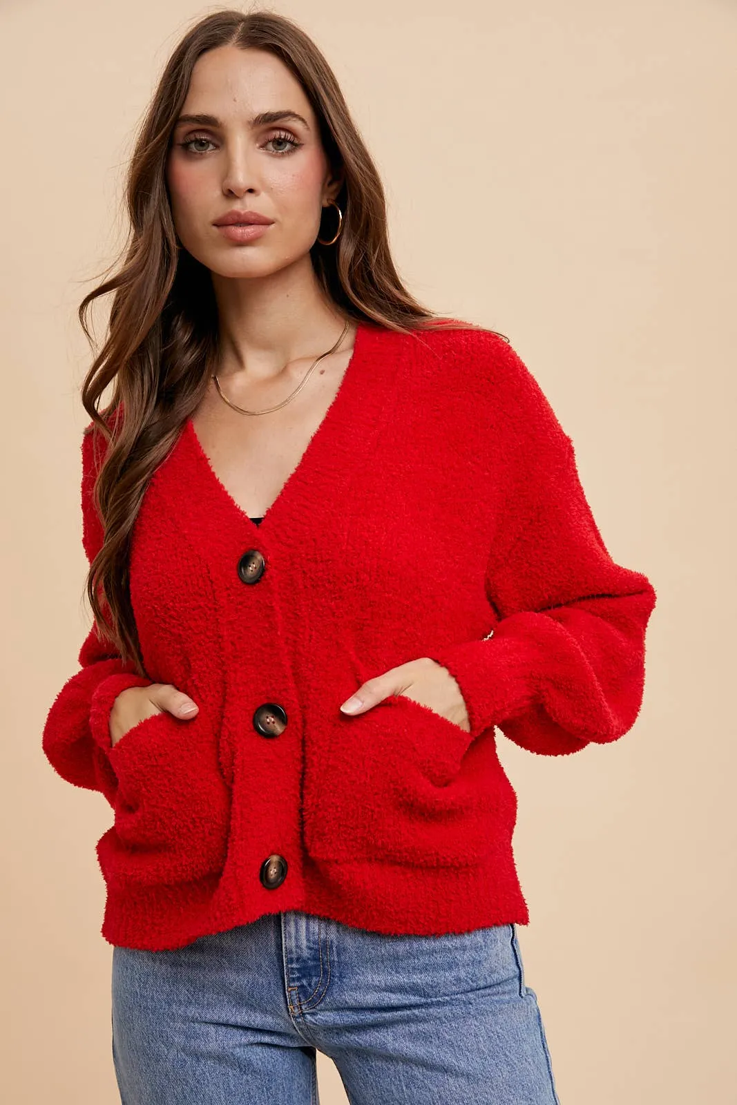 Cozy Chenille Cropped Cardigan - Cherry Tomato