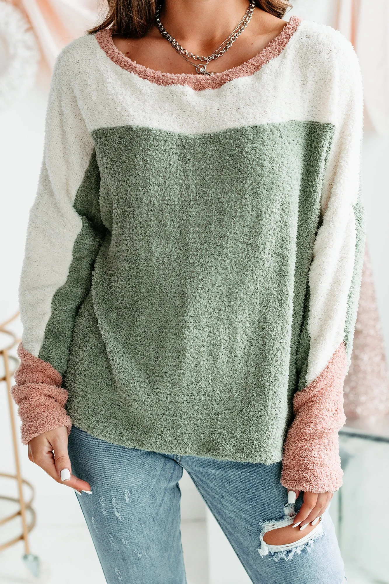Cozy Girl Fuzzy Knit Sweater (Olive Multi)