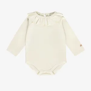 Cream Bodysuit with Ruffle Collar in Pointelle Jersey