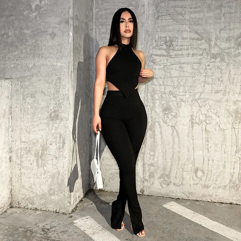 Cropped Halter Neck Top & Pants Set - Ribbed Halter, Backless, Slit Pants - Polyester/Spandex