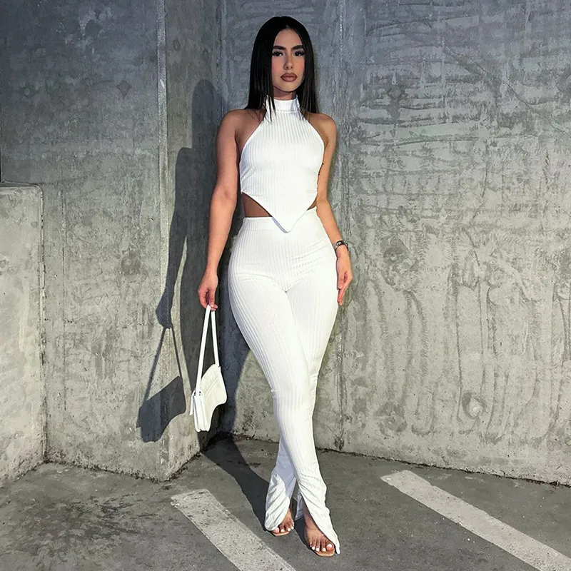 Cropped Halter Neck Top & Pants Set - Ribbed Halter, Backless, Slit Pants - Polyester/Spandex