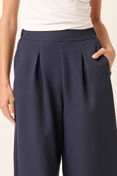 Dark Navy Inverted Pleat Detail Wide Leg Pants