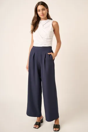 Dark Navy Inverted Pleat Detail Wide Leg Pants
