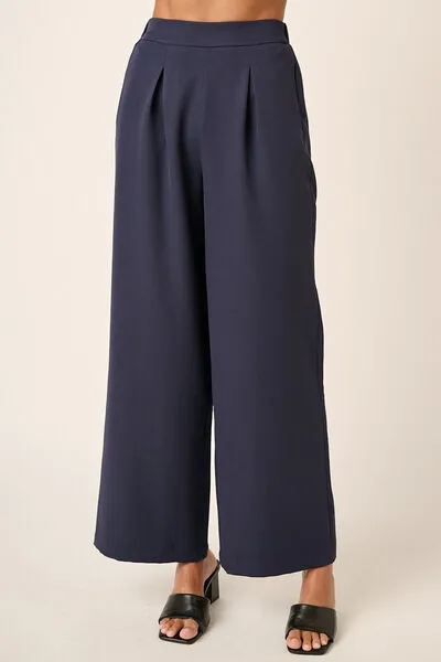 Dark Navy Inverted Pleat Detail Wide Leg Pants