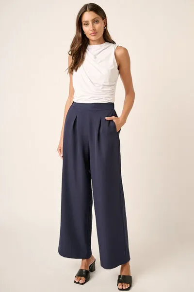 Dark Navy Inverted Pleat Detail Wide Leg Pants