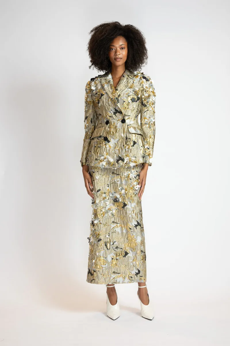 Embroidered Marble Jacquard Double Breasted Blazer Skirt Suit