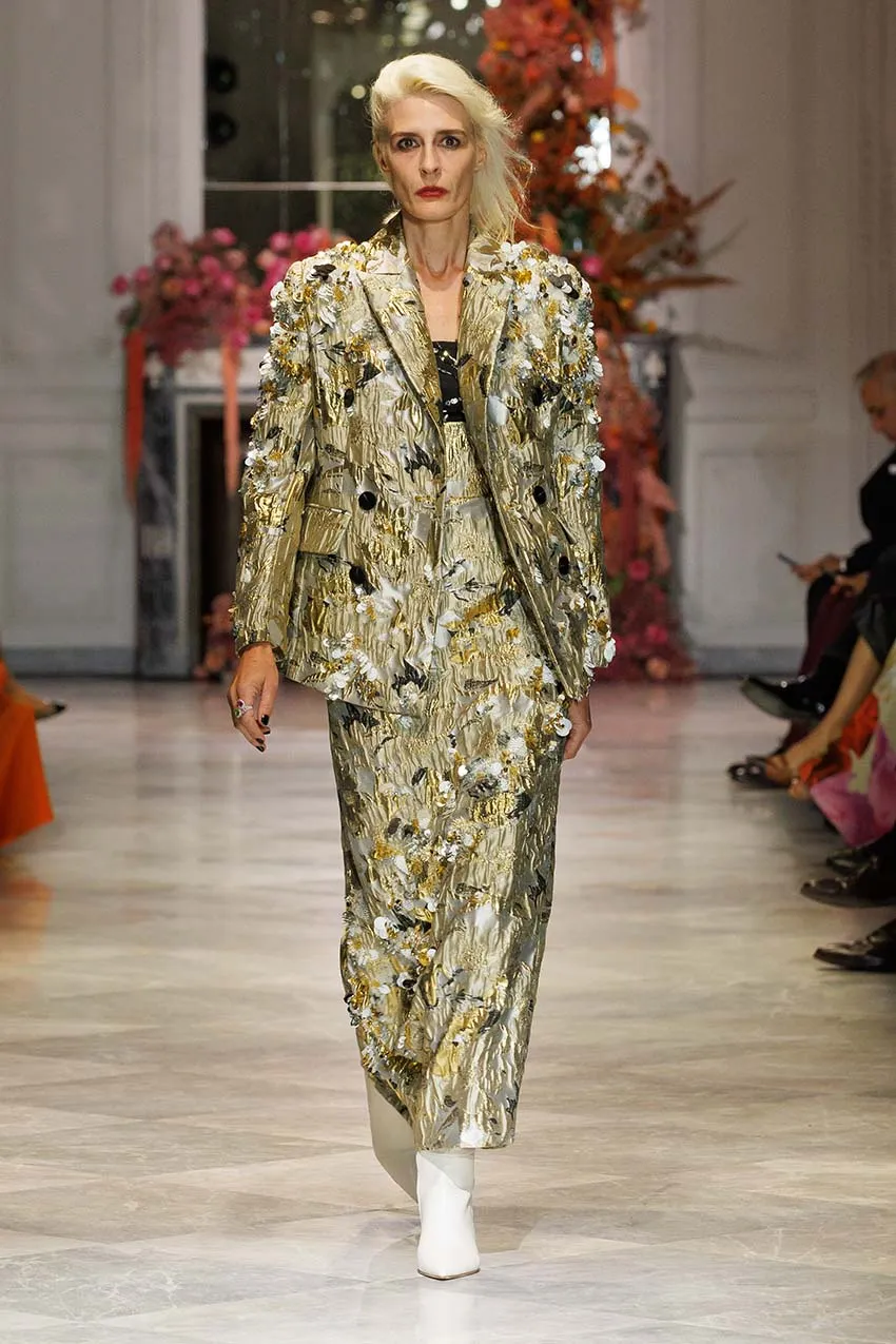 Embroidered Marble Jacquard Double Breasted Blazer Skirt Suit
