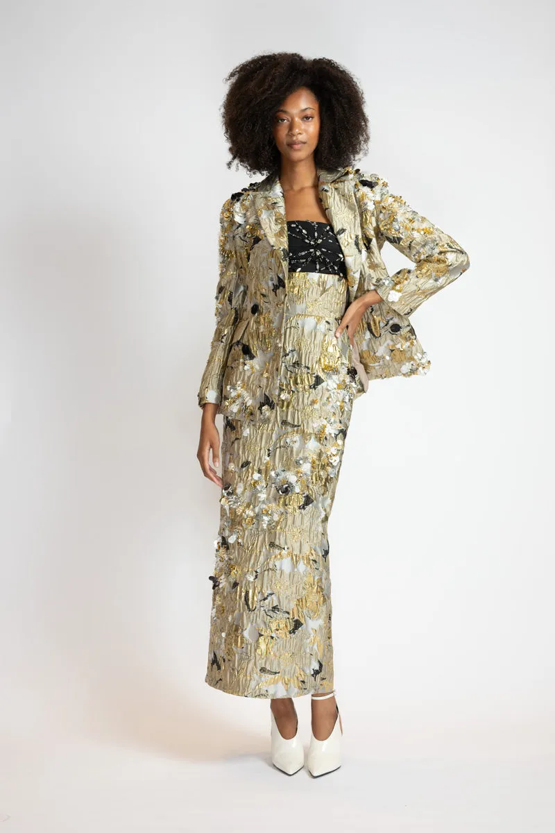 Embroidered Marble Jacquard Double Breasted Blazer Skirt Suit