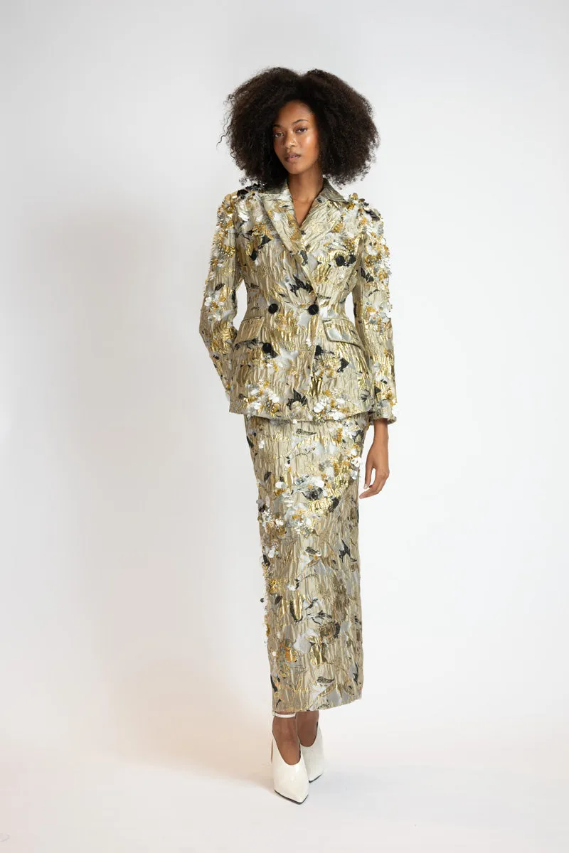 Embroidered Marble Jacquard Double Breasted Blazer Skirt Suit