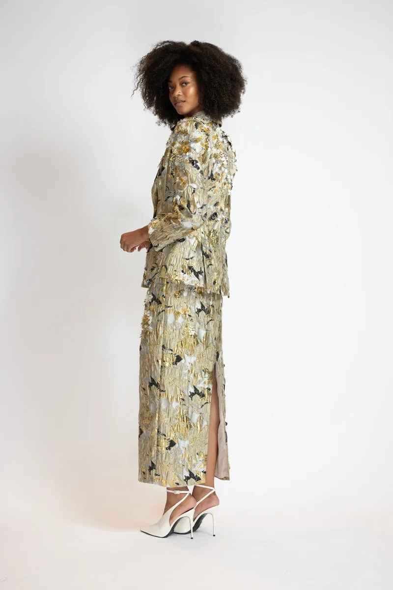 Embroidered Marble Jacquard Double Breasted Blazer Skirt Suit