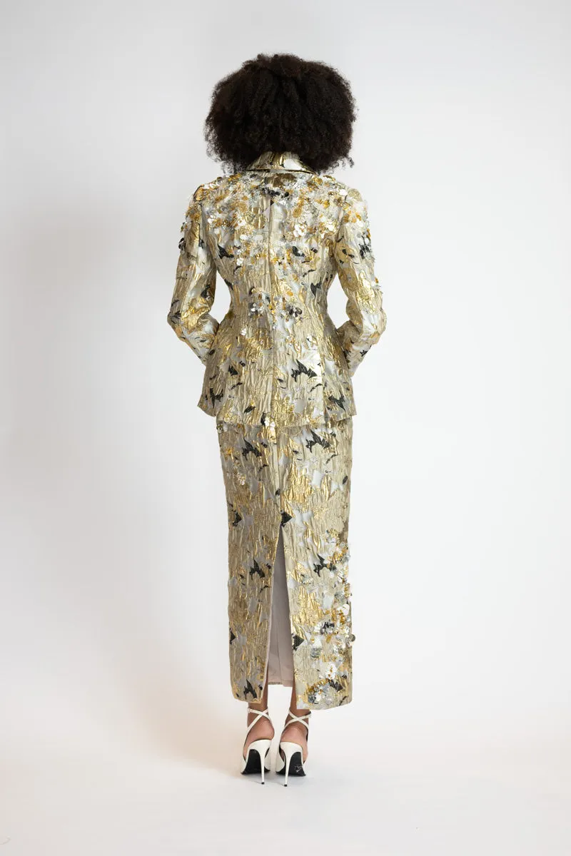 Embroidered Marble Jacquard Double Breasted Blazer Skirt Suit