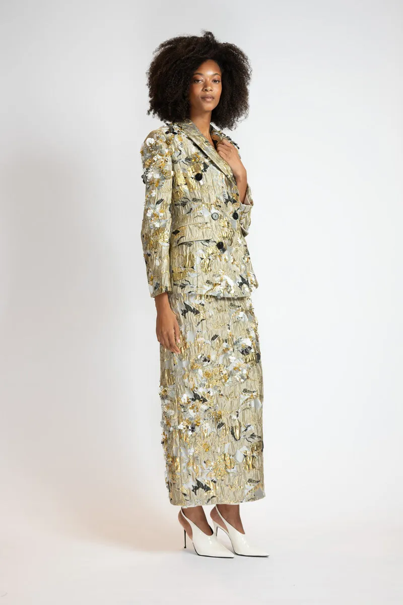Embroidered Marble Jacquard Double Breasted Blazer Skirt Suit