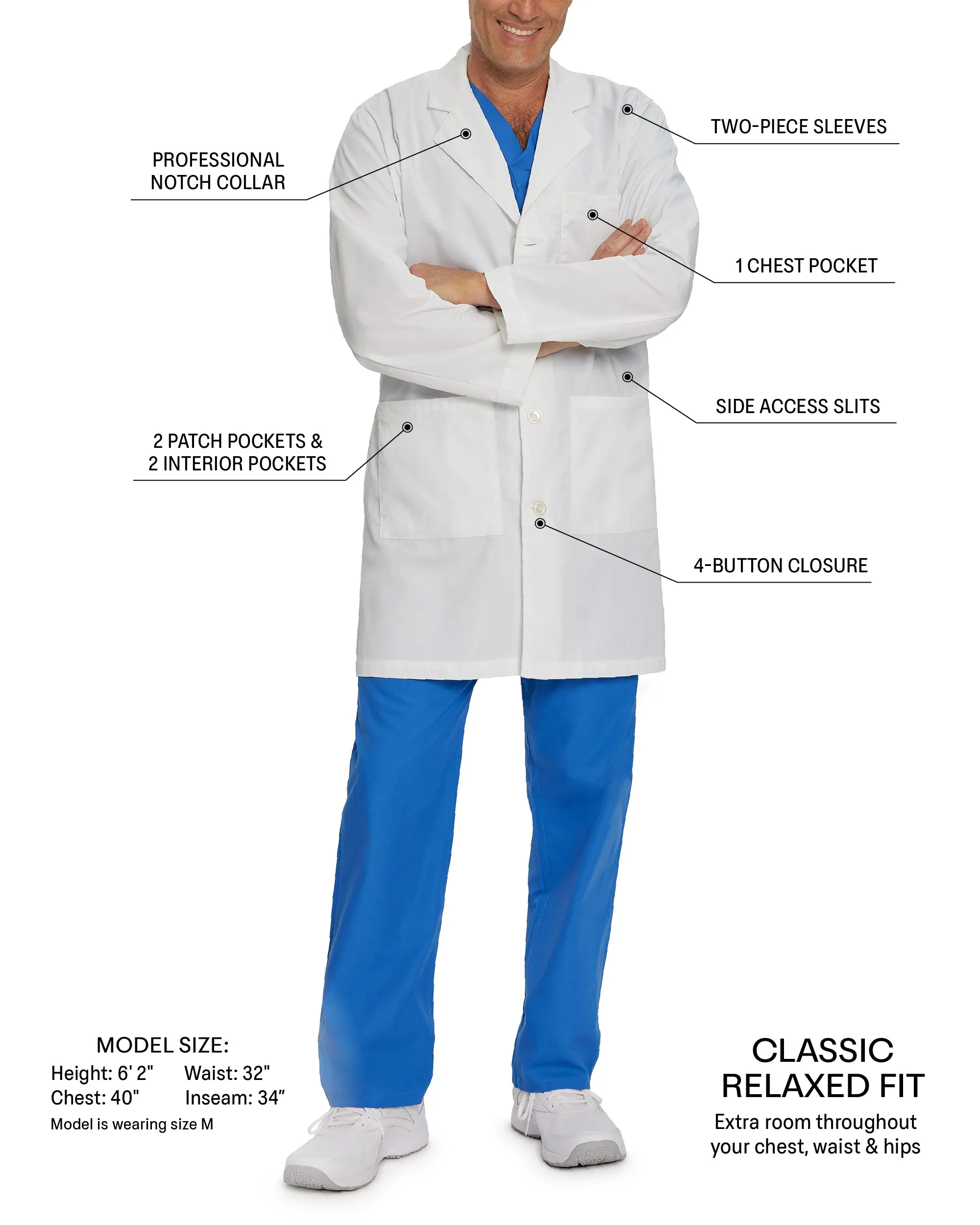 Essential Lab Coats 3124 Men's 5 Pocket Full Length White Coat White 8 Oz 100% Cotton Twill