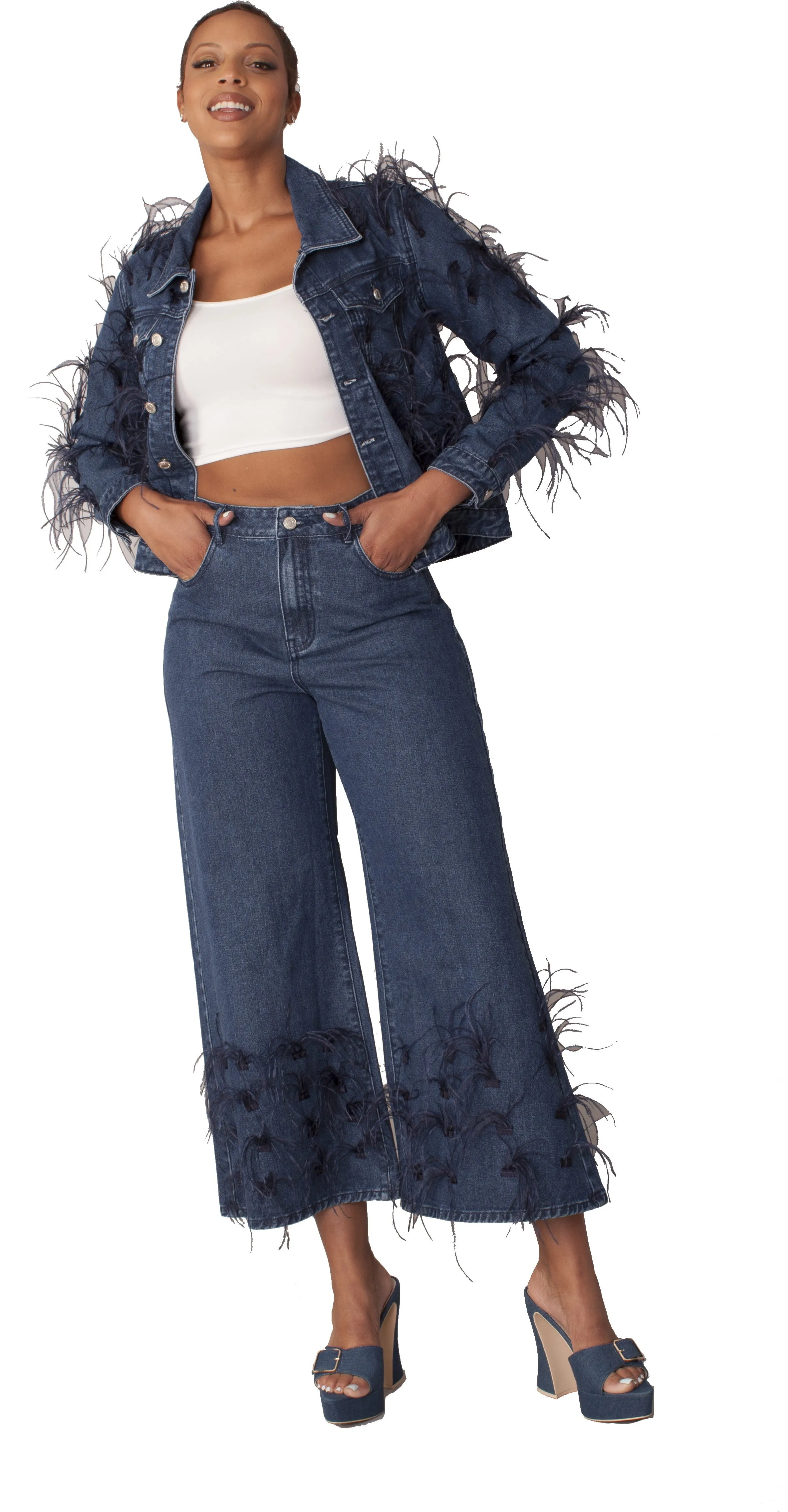 Feather Trim Wide Leg Jeans - 82304
