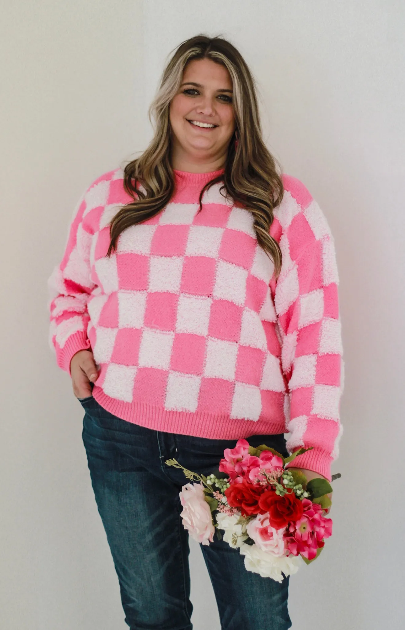 Feeling Loved Pink on Pink Check Print Sweater
