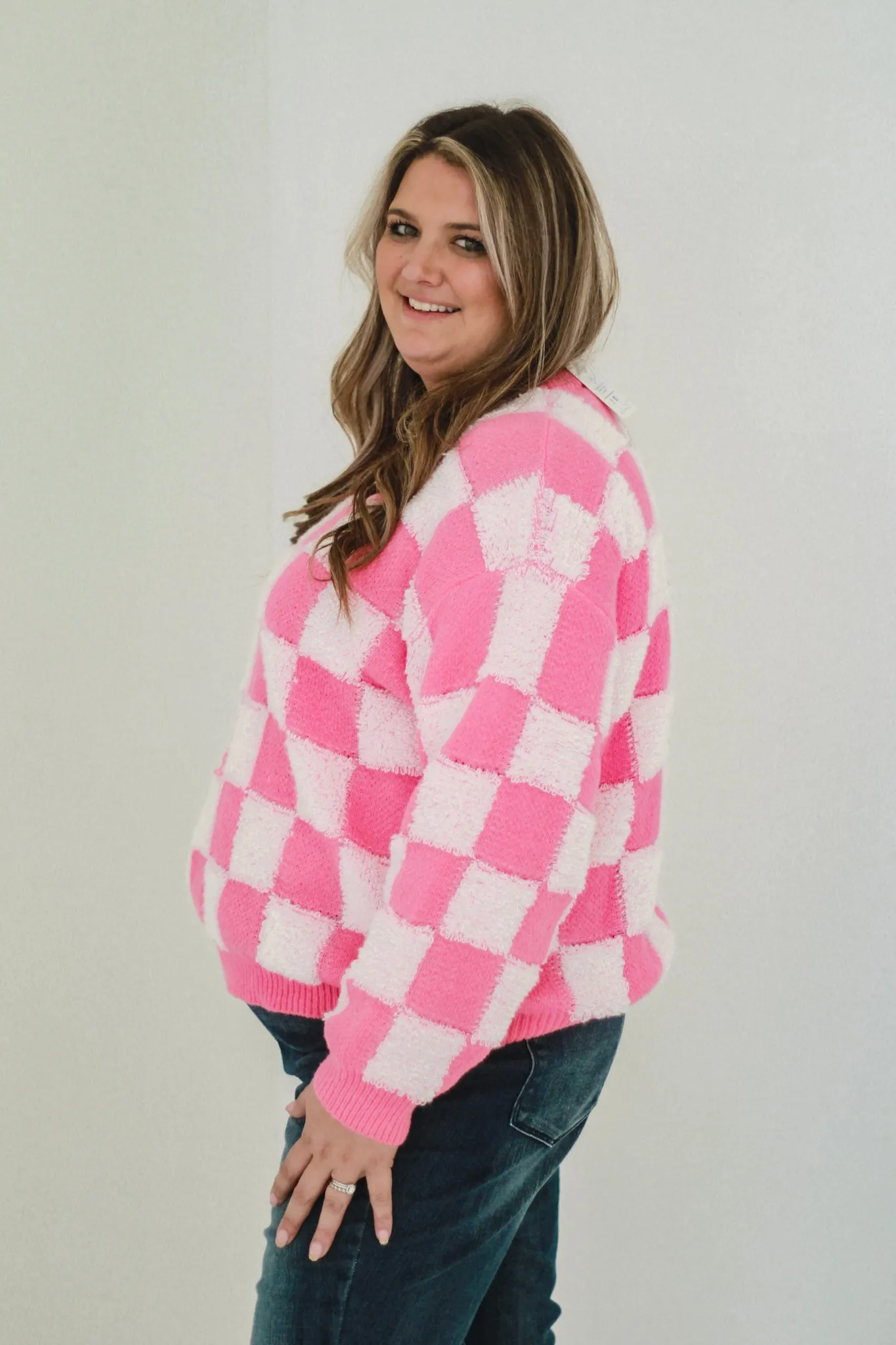 Feeling Loved Pink on Pink Check Print Sweater