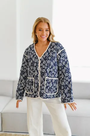 Floral Print V-Neck Jacket with Piping Detail