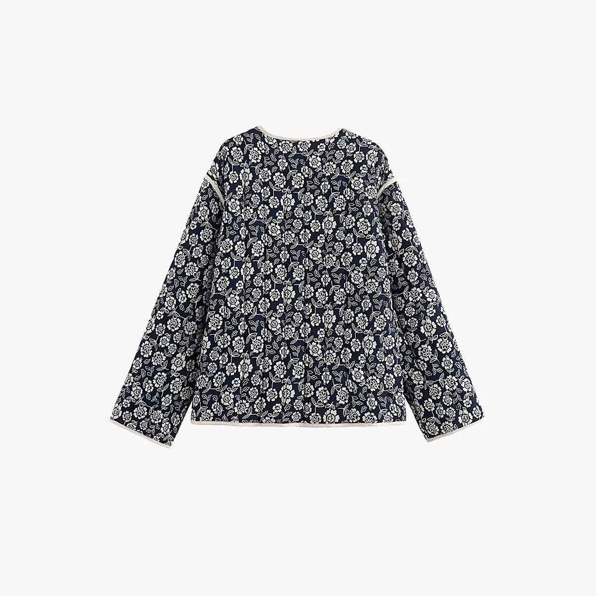 Floral Print V-Neck Jacket with Piping Detail