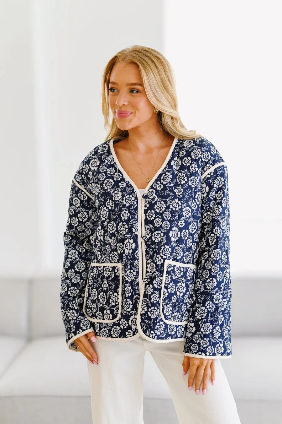 Floral Print V-Neck Jacket with Piping Detail
