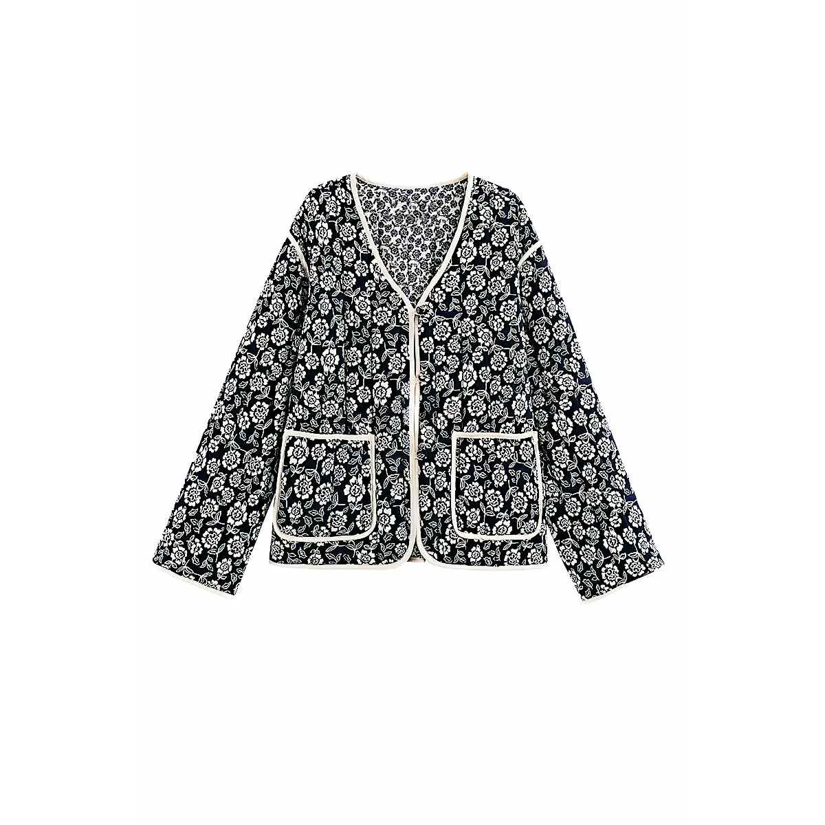Floral Print V-Neck Jacket with Piping Detail