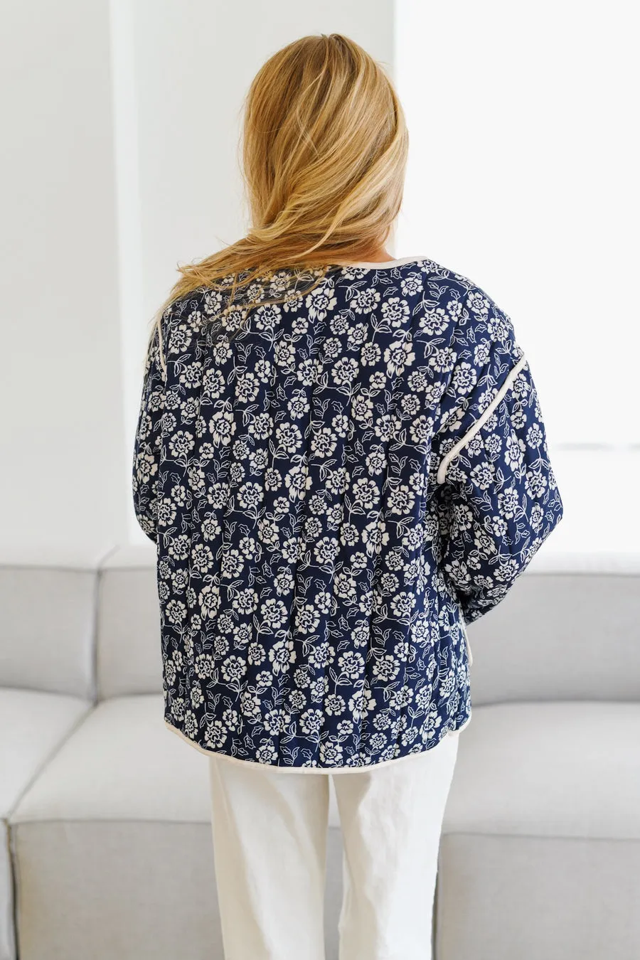 Floral Print V-Neck Jacket with Piping Detail