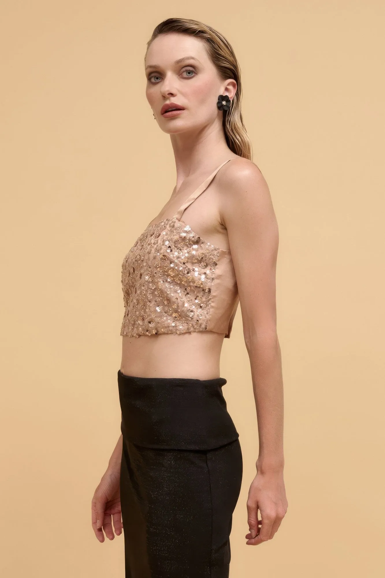 Floral sequins straight neck crop top