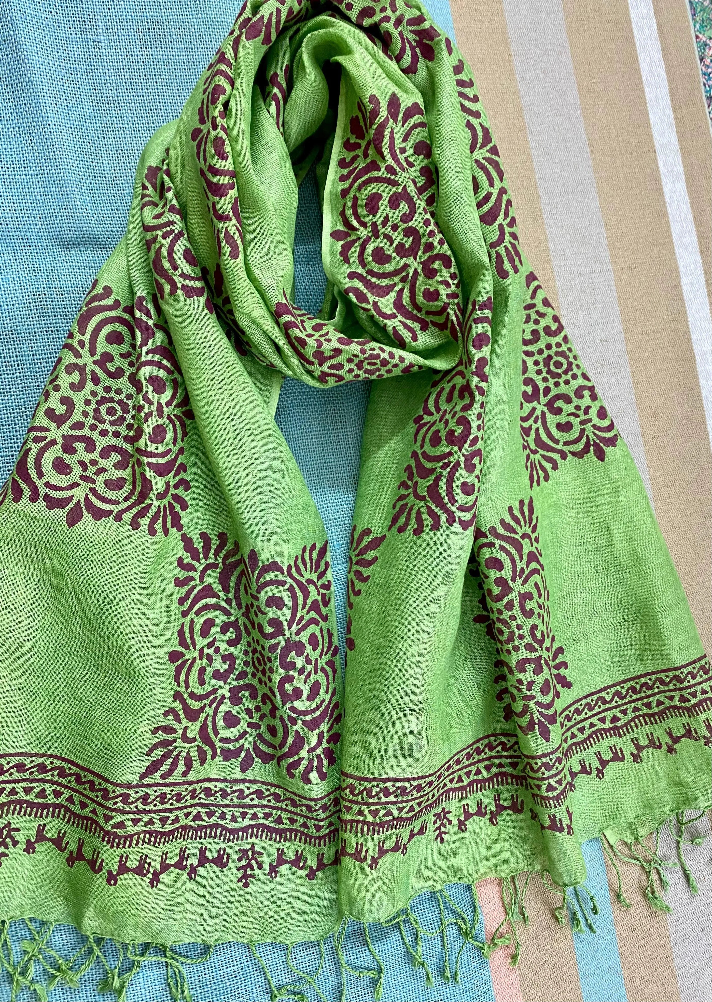 Forest Green Block Printed Pure Linen Scarf