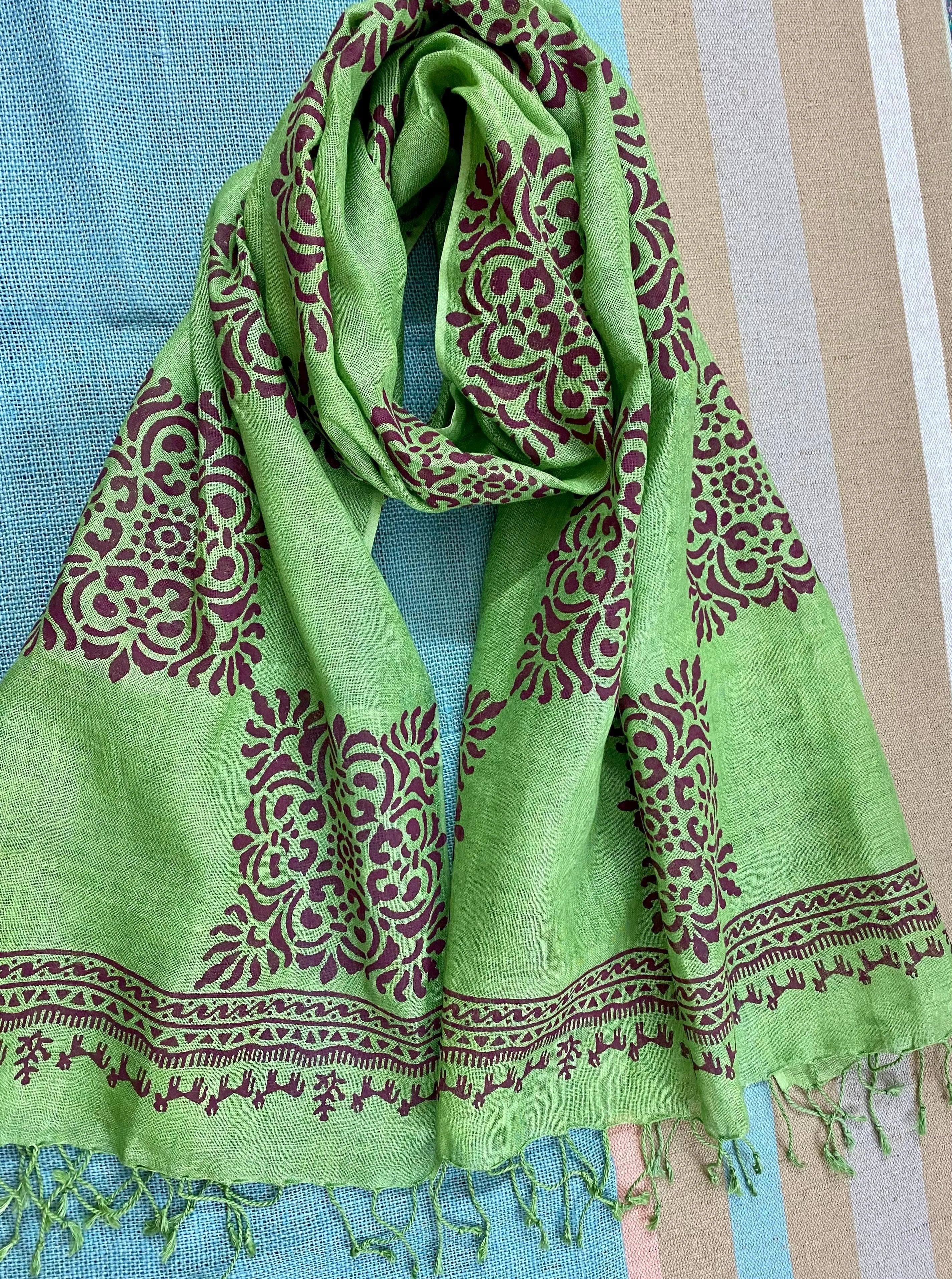Forest Green Block Printed Pure Linen Scarf