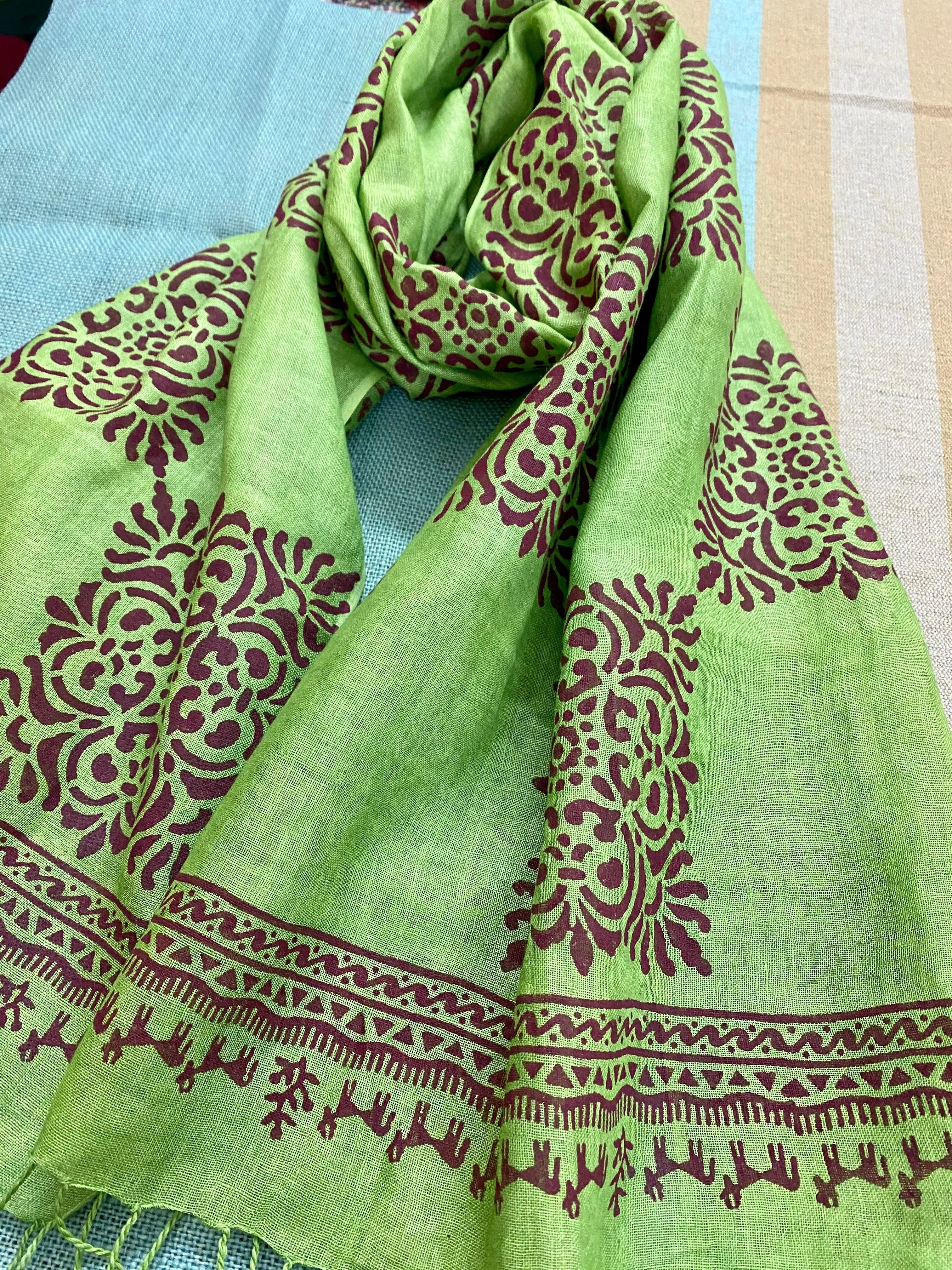 Forest Green Block Printed Pure Linen Scarf