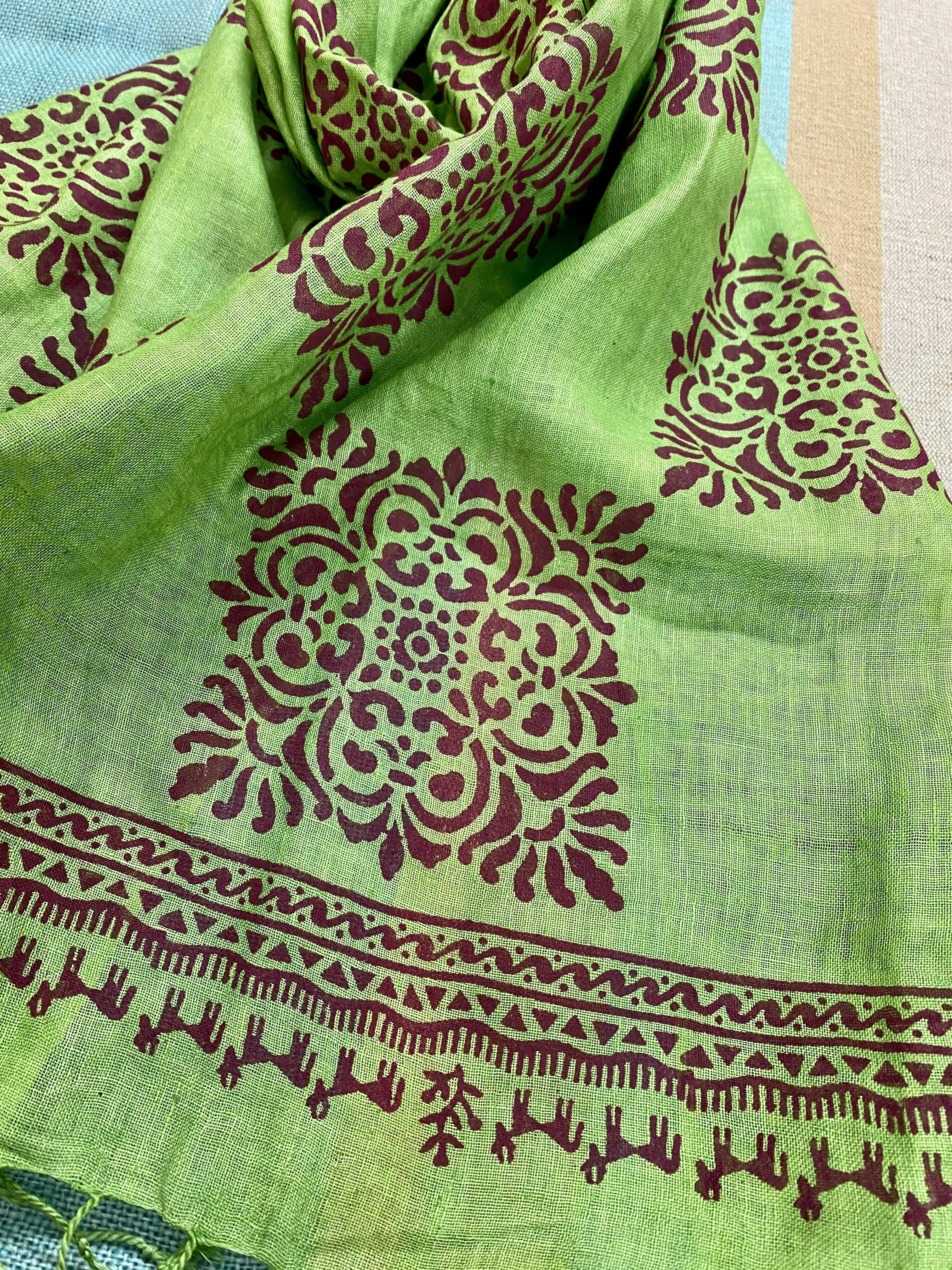 Forest Green Block Printed Pure Linen Scarf