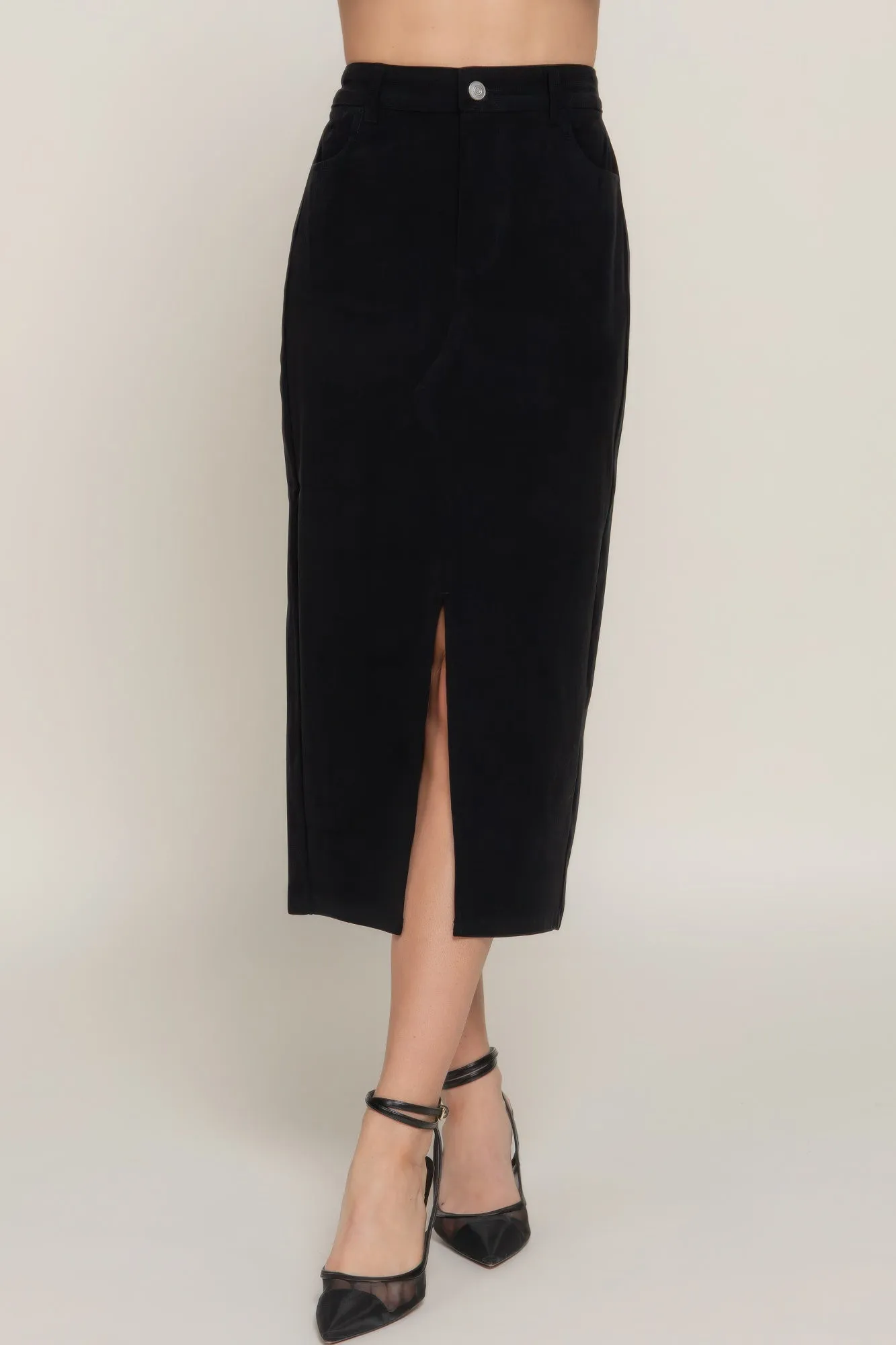 Front Open Slit Corduroy Midi Skirt in Brown or Black
