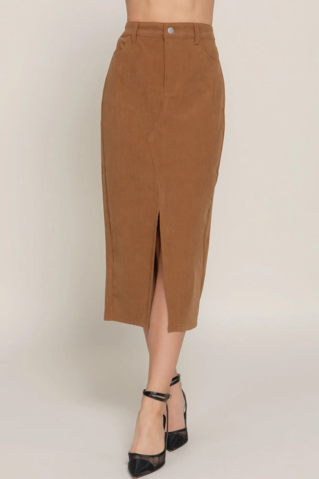 Front Open Slit Corduroy Midi Skirt in Brown or Black