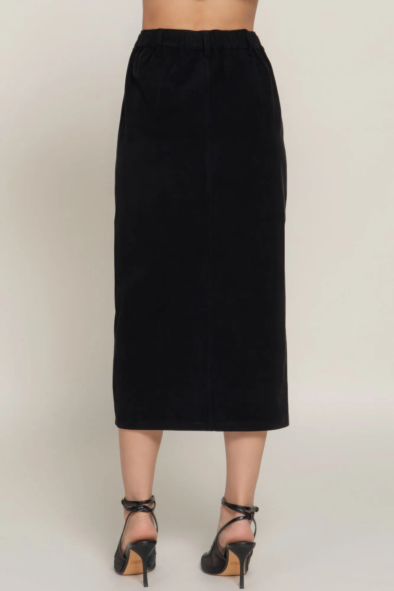 Front Open Slit Corduroy Midi Skirt in Brown or Black