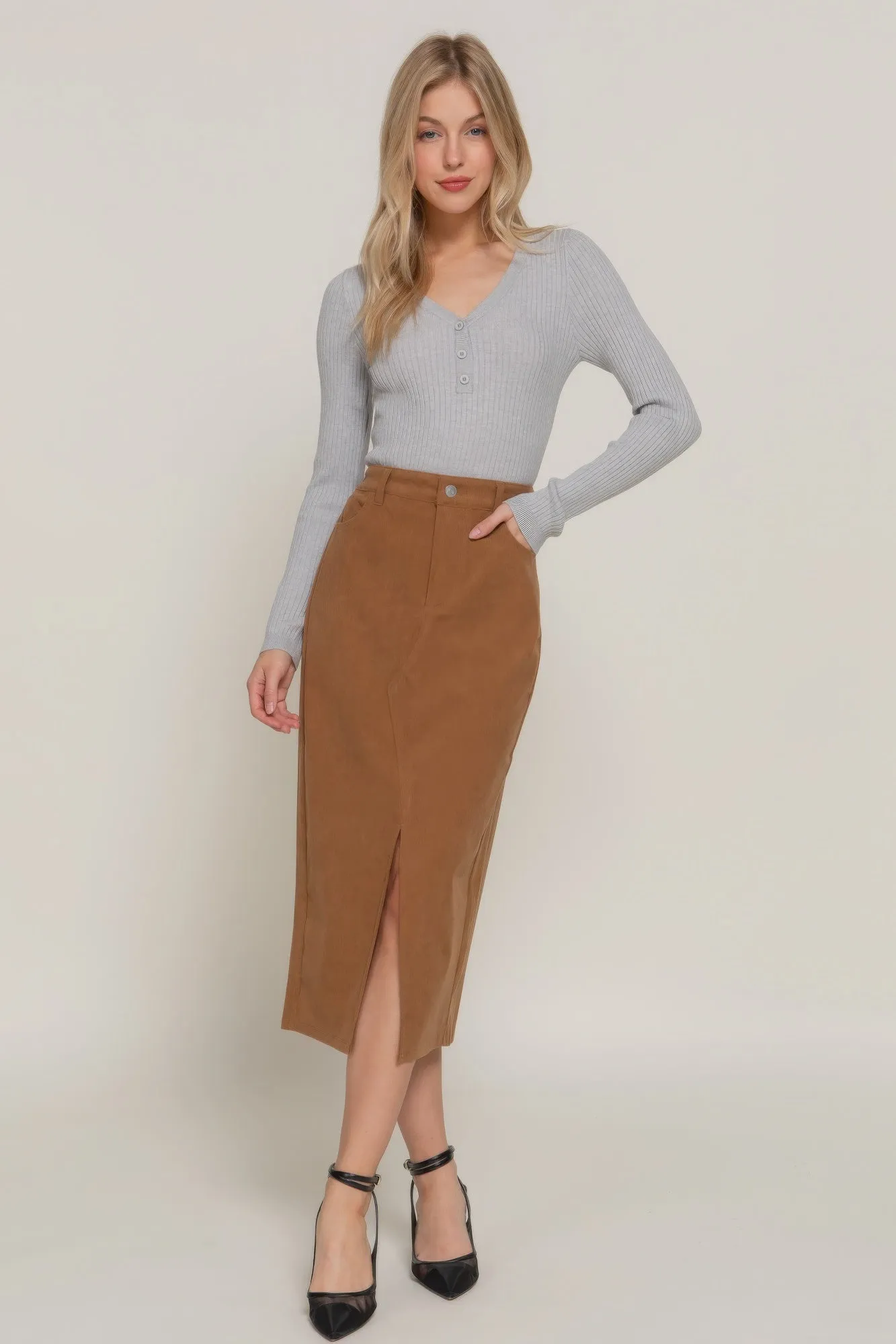 Front Open Slit Corduroy Midi Skirt in Brown or Black