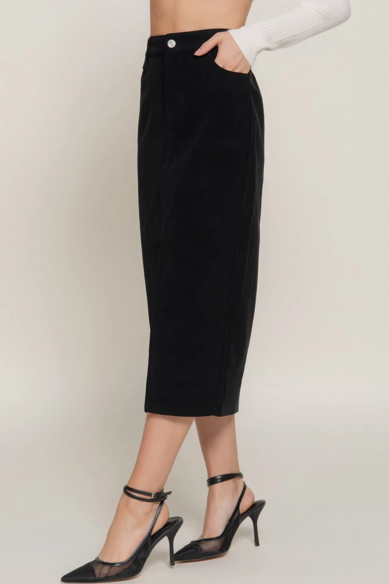 Front Open Slit Corduroy Midi Skirt in Brown or Black