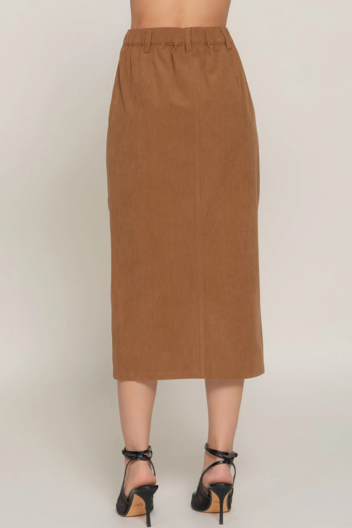 Front Open Slit Corduroy Midi Skirt in Brown or Black