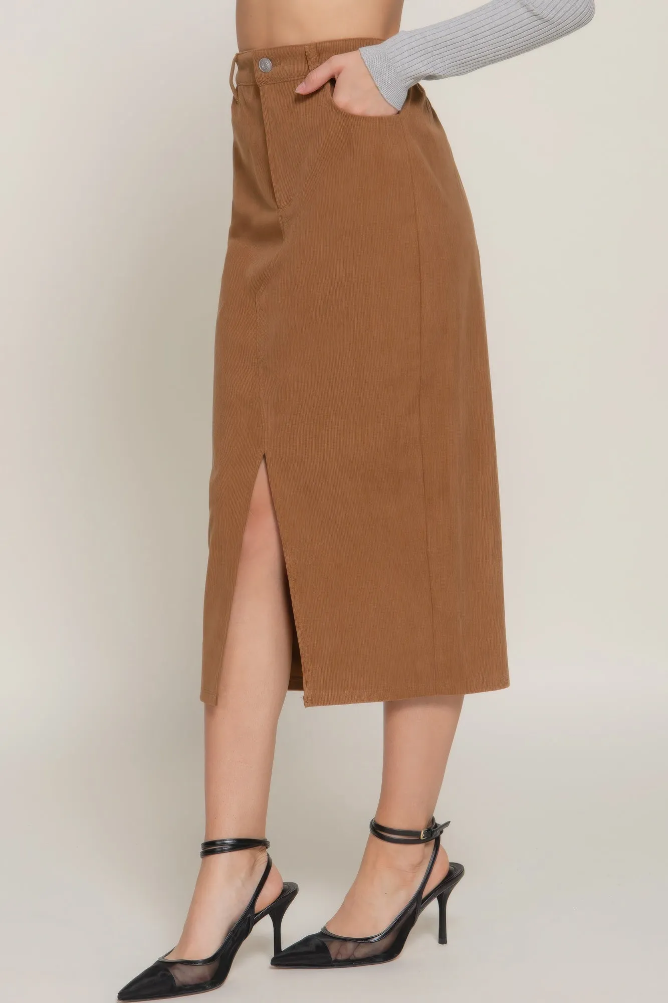 Front Open Slit Corduroy Midi Skirt in Brown or Black