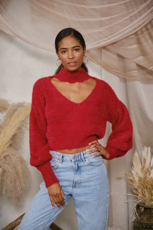FUZZY PLUNGE NECK LONG SLEEVE SWEATER