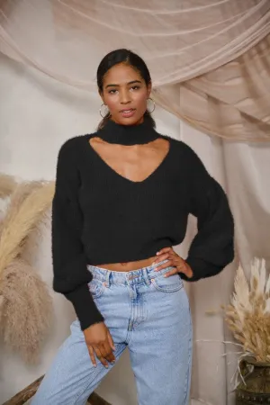 FUZZY PLUNGE NECK LONG SLEEVE SWEATER