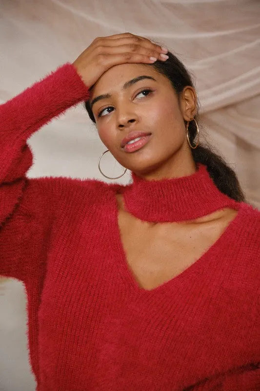 FUZZY PLUNGE NECK LONG SLEEVE SWEATER